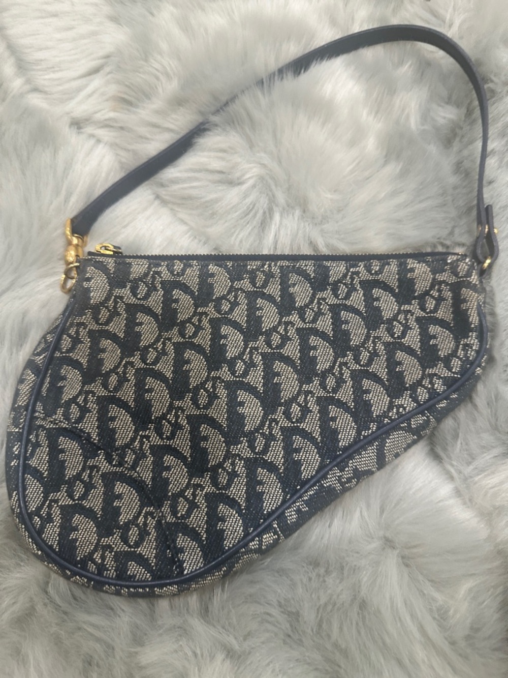 Dior Navy Monogram Saddle Shoulder Bag with Gold Hardware